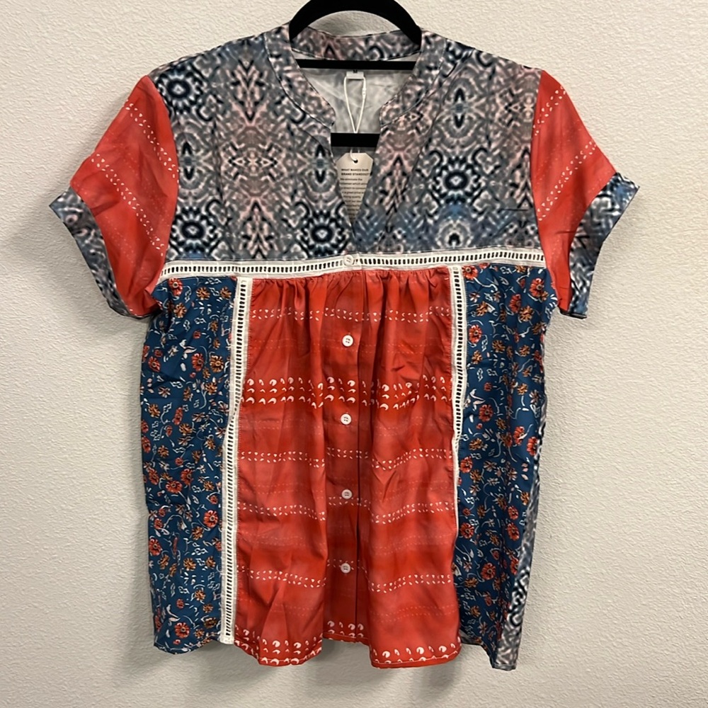 Red/Blue/Grey button up shirt